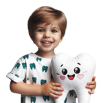 smiling boy with healthy teeth holds plush tooth his hands transparent background